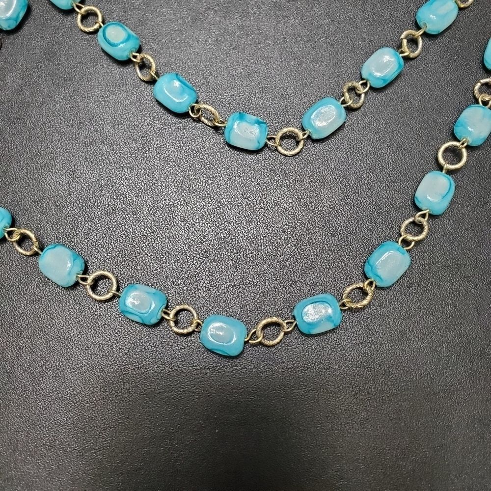 Silver tone and blue bead long necklace 42"